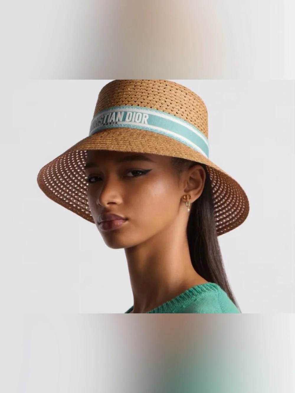 Dior Tan Straw Sun Hat with Mint Green Logo Band